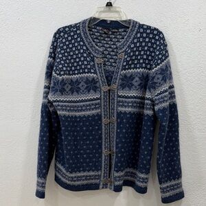 SKYR Nordic 100% Wool Navy and Cream Cardigan Sweater Size Large